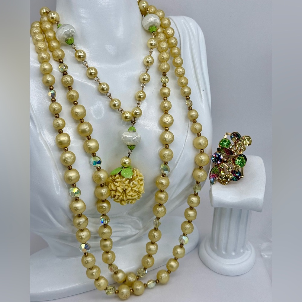 Vintage Set Yellow & White Faux Pearl, Glass AB, & Acrylic Beaded necklace clips